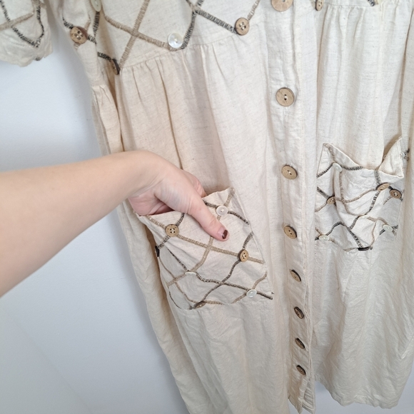 Cabernet Beige Cotton Linen Cottagecore Prairie Button Up Midi Dress Size L - Picture 5 of 7